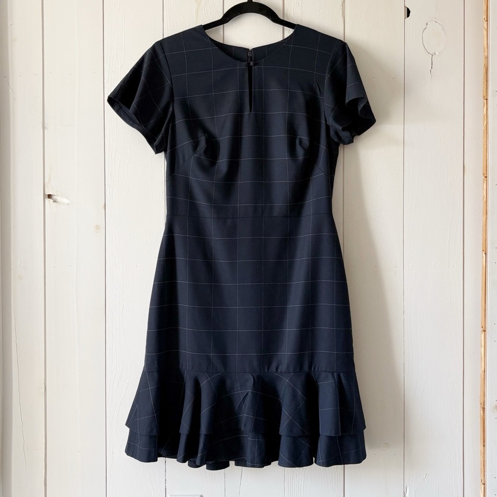 Banana Republic Navy Windowpane Checks Plaid Ruffle-Hem Short Sleeve Dress - Picture 3 of 15